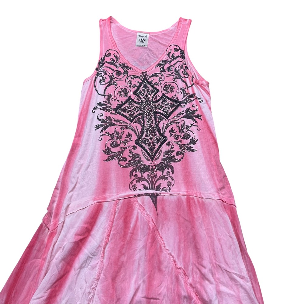 Vocal Pink Tie Dye Rhinestone Gothic Cross Handkerchief Hem Tank Dress Womens